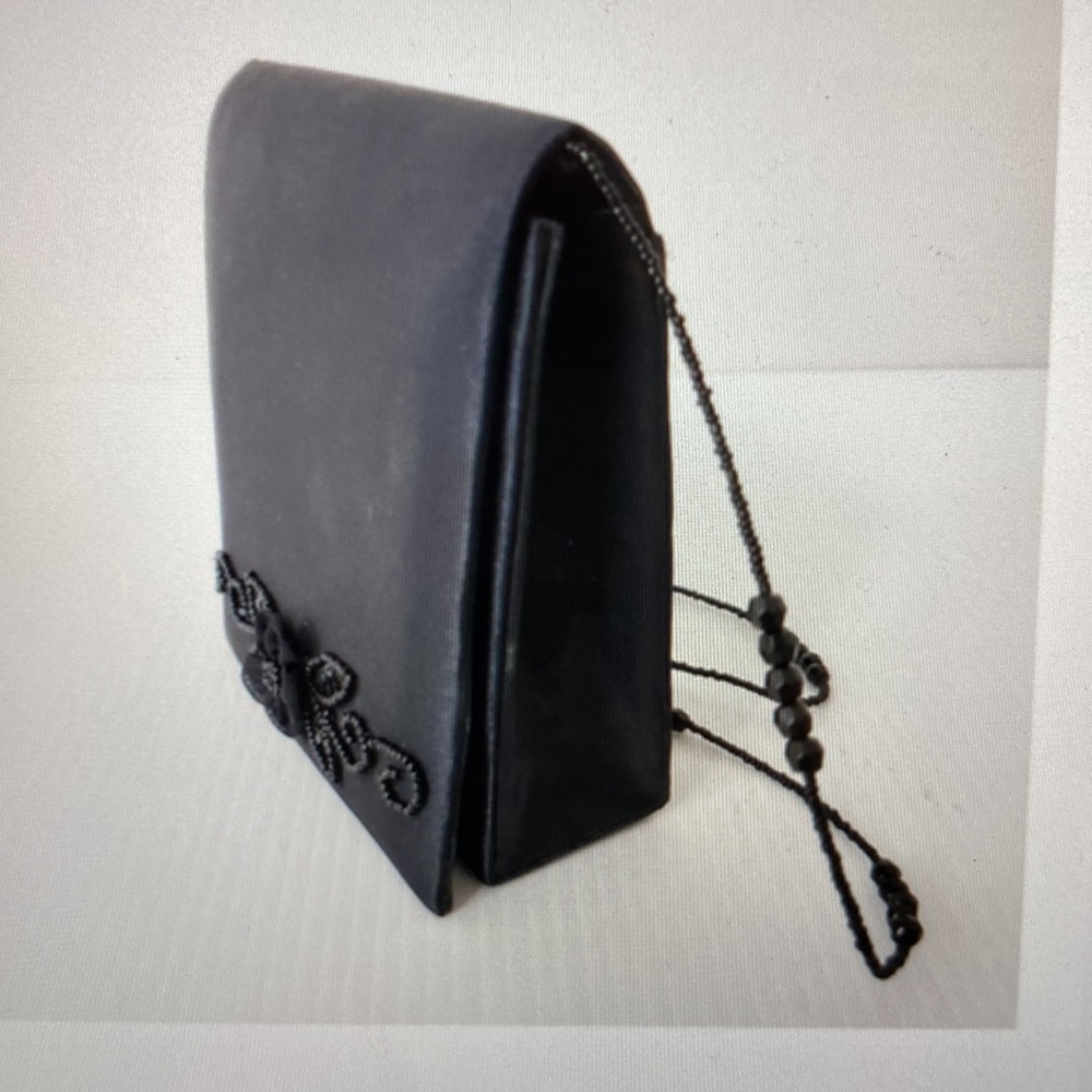 Jessica McClintock Black Satin Evening Bag with Floral Applique and Scroll Bead
